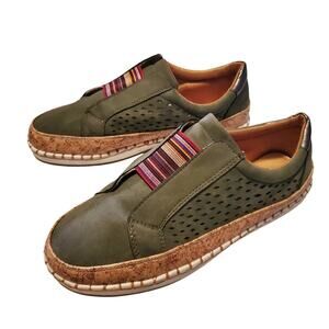 Sursell Women's Olive Green Perforated Leather Cork Slip-On Sneakers, 9.5